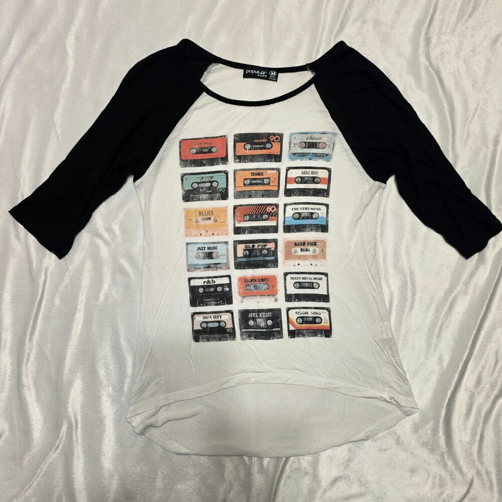 Popular Old School Cassette Tape Print Raglan 3/4 Sleeve High-Low Retro Tshirt M